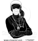 Vector Illustration of Doctor Nurse Lady PPE Mask Scrubs Silhouette by AtStockIllustration