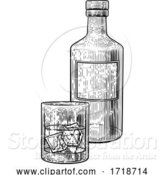 Vector Illustration of Drink with Ice Bottle and Glass Vintage Drawing by AtStockIllustration