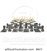 Vector Illustration of Ebony and Ivory Chess Pieces Lined up on a Board During a Chess Game, One Ivory Forward by AtStockIllustration