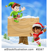 Vector Illustration of Energetic Christmas Elves by a Wooden Sign in a Winter Landscape by AtStockIllustration