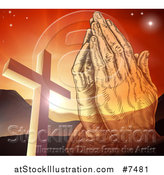 Vector Illustration of Engraved Praying Hands over a Christian Cross, Orange Sunset and Mountains by AtStockIllustration