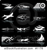 Vector Illustration of Envelope with Wings, Race Car with Flames, Race Car Tire, Bird, Jet, Super Man, Rocket, Lightning, Rabbit, Runner, Cheetah and Sailboat, over a Black Background by AtStockIllustration