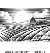 Vector Illustration of Farm Barn and Rolling Hills Vintage Woodcut Style by AtStockIllustration