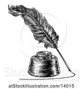 Vector Illustration of Feather Quill Pen Drawing a Line Around an Ink Well by AtStockIllustration