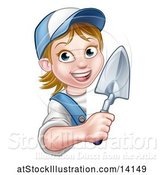 Vector Illustration of Female Mason Holding a Trowel Around a Sign by AtStockIllustration