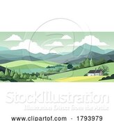 Vector Illustration of Fields Hills Farm House Landscape Background by AtStockIllustration