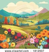 Vector Illustration of Fields Hills Flowers Country Landscape Background by AtStockIllustration