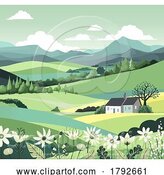 Vector Illustration of Fields Hills Flowers House Landscape Background by AtStockIllustration