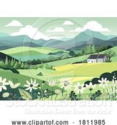Vector Illustration of Fields Hills Flowers House Landscape Background by AtStockIllustration