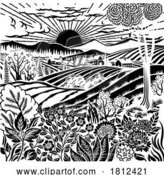 Vector Illustration of Fields Rolling Hills Farm Land Flowers Background by AtStockIllustration