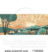 Vector Illustration of Fields Rolling Hills Sunrise Farm Land Background by AtStockIllustration