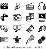 Vector Illustration of Flat Black and White Icons: Clapboard, Film Strip, Radio, Headphones, Controller, Camera, Pictures, Computer, Masks, Exclamation Point, Video Camera, Speaker, Equalizer, Robot, Microphone, Cell Phone by AtStockIllustration