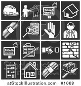 Vector Illustration of Flat White Home Construction Related Icons over Black Square Backgrounds by AtStockIllustration