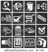 Vector Illustration of Flat White Icons over Black Squares: Hand Holding a Globe, World News, Fortress Tower, Computer, Eyeglasses and Letter, Checking, Shopping Cart, Spiderweb, Trash Can, Information, X, Cables, Calendar, Chart, Camera by AtStockIllustration