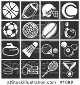 Vector Illustration of Flat White Sports Related Icons over Black Square Backgrounds by AtStockIllustration