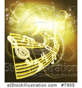 Vector Illustration of Floating Sheet Music and Notes over Gold and Yellow Neon Lights by AtStockIllustration