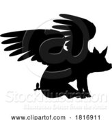 Vector Illustration of Flying Pig Wings Silhouette Saying Pigs Might Fly by AtStockIllustration