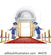 Vector Illustration of Friendly Door Men Holding Open VIP Doors on a Red Carpet by AtStockIllustration