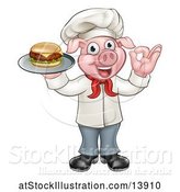 Vector Illustration of Full Length Chef Pig Holding a Cheese Burger on a Tray and Gesturing Okay by AtStockIllustration