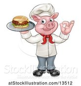 Vector Illustration of Full Length Chef Pig Holding a Cheeseburger on a Tray and Gesturing Okay by AtStockIllustration