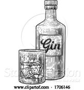 Vector Illustration of Gin Bottle Glass and Ice Vintage Etching Style by AtStockIllustration