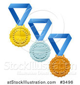 Vector Illustration of Gold Silver and Bronze Laurel Award Medals on Blue Ribbons by AtStockIllustration