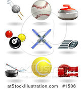 Vector Illustration of Golf Ball with Clubs, Baseball, Curling Stone, Pool Balls, Skis, Fast Tire, Hockey Puck, Tennis Ball and Boxing Glove by AtStockIllustration