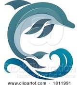 Vector Illustration of Gradient Jumping Dolphin and Wave Logo by AtStockIllustration