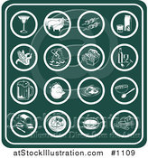 Vector Illustration of Green Food Icons Including a Martini, Pigs on a Farm, Shish Kebobs, Orange Juice, Corn, Fish, Picnic Basket, Wine, Beer, Chicken, Breakfast, Grapefruit, Bread, Dinner, Hamburger and Cheese by AtStockIllustration