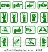 Vector Illustration of Green Hand Icons with Sign Language, Money, and Diamonds, over a White Background by AtStockIllustration