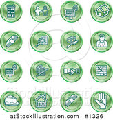 Vector Illustration of Green Icons: Apartments, Handshake, Real Estate, House, Money, Classifieds, Brick Laying, Businessman, Hardhat and a Key by AtStockIllustration