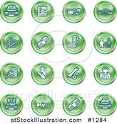 Vector Illustration of Green Icons: Cars, a Log, Cash, Lemon, Dealer, Ads, Key, Wrench, Engine, Handshake and Money by AtStockIllustration