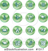 Vector Illustration of Green Icons: Music Notes, Guitar, Clapperboard, Atom, Microscope, Atoms, Messenger, Painting, Book, Circus Tent, Globe, Masks, Sports Balls, and Math by AtStockIllustration