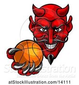 Vector Illustration of Grinning Evil Red Devil Holding out a Basketball in a Clawed Hand by AtStockIllustration