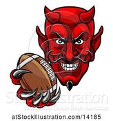 Vector Illustration of Grinning Evil Red Devil Holding out a Football in a Clawed Hand by AtStockIllustration