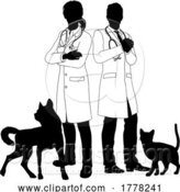 Vector Illustration of Guy and Lady Vets Dog and Cat Pets Silhouette by AtStockIllustration