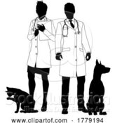 Vector Illustration of Guy and Lady Vets Dog and Cat Pets Silhouette by AtStockIllustration