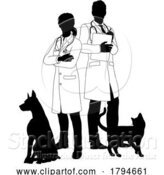 Vector Illustration of Guy and Lady Vets Dog and Cat Pets Silhouette by AtStockIllustration