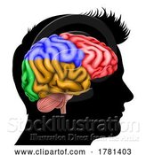 Vector Illustration of Guy Head in Silhouette Profile with Brain Concept by AtStockIllustration