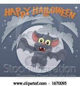 Vector Illustration of Halloween Cute Vampire Bat Flying in Front of Moon by AtStockIllustration