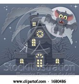 Vector Illustration of Halloween Haunted House and Bat Scene by AtStockIllustration
