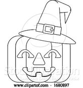 Vector Illustration of Halloween Witch Hat Pumpkin in Outline by AtStockIllustration