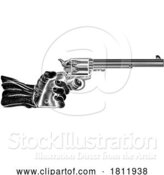 Vector Illustration of Hand and Western Cowboy Gun Pistol Vintage Woodcut by AtStockIllustration