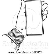 Vector Illustration of Hand Holding Mobile Phone Vintage Style by AtStockIllustration