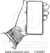 Vector Illustration of Hand Holding Mobile Phone Vintage Style by AtStockIllustration