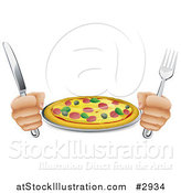 Vector Illustration of Hands Holding a Knife and Fork with a Supreme Pizza Pie by AtStockIllustration