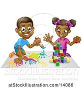 Vector Illustration of Happy Black Boy Painting and Girl Playing with Blocks by AtStockIllustration