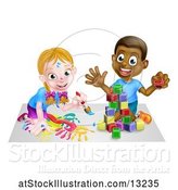 Vector Illustration of Happy Black Boy Playing with Blocks and White Girl Painting by AtStockIllustration