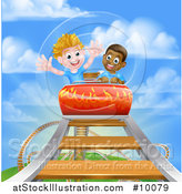 Vector Illustration of Happy Boys on a Roller Coaster Ride, Against a Blue Sky with Clouds by AtStockIllustration