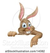 Vector Illustration of Happy Brown Easter Bunny Rabbit Pointing down over a Sign by AtStockIllustration